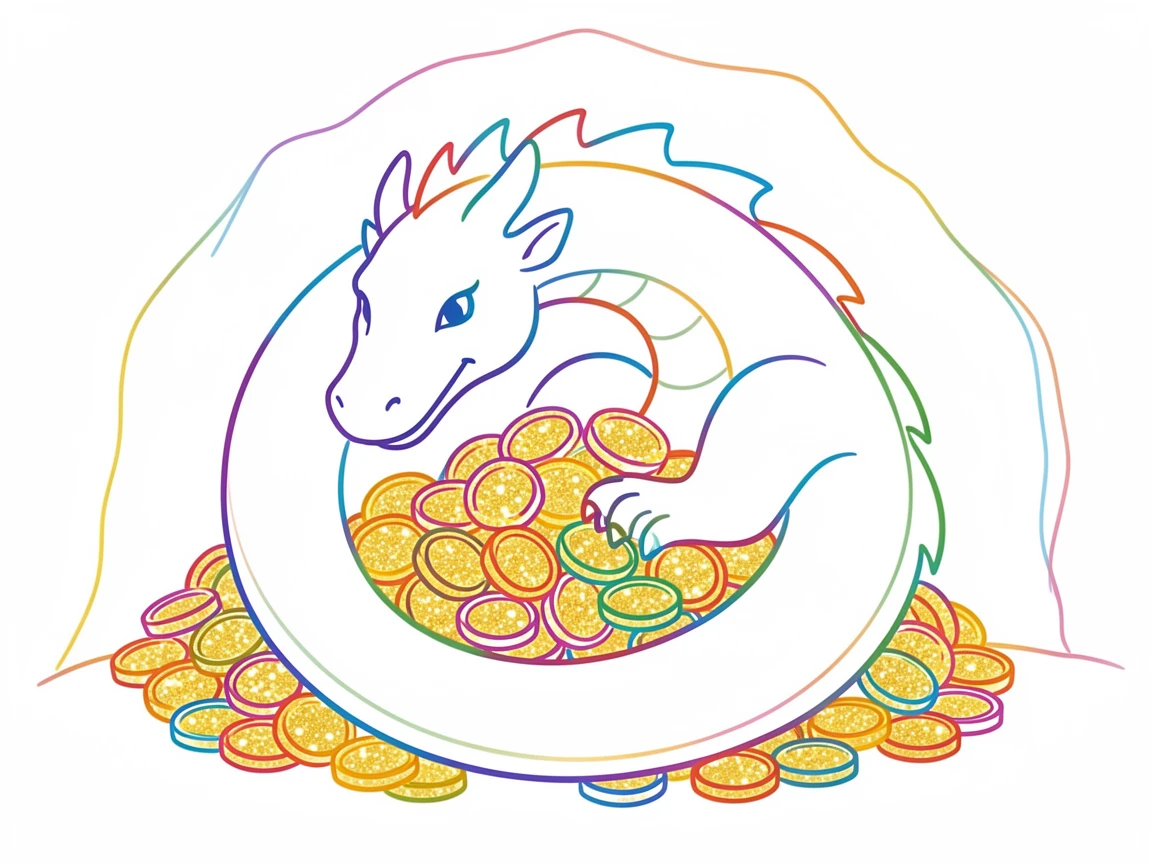 A dragon curled protectively around a hoard of glittering gold coins in a cavern.