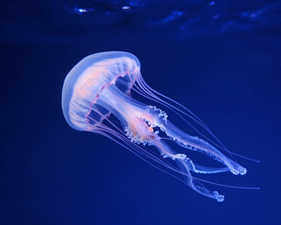 A jellyfish glowing softly in deep blue water