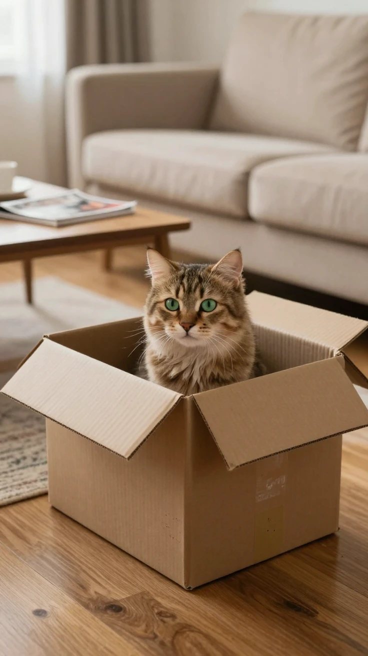 A cat stares intently into an empty box before dramatically wedging itself inside.