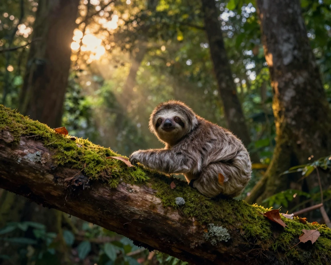 A baby sloth exploring a fallen log with curiosity beneath the canopy of an ancient forest as the day slowly fades