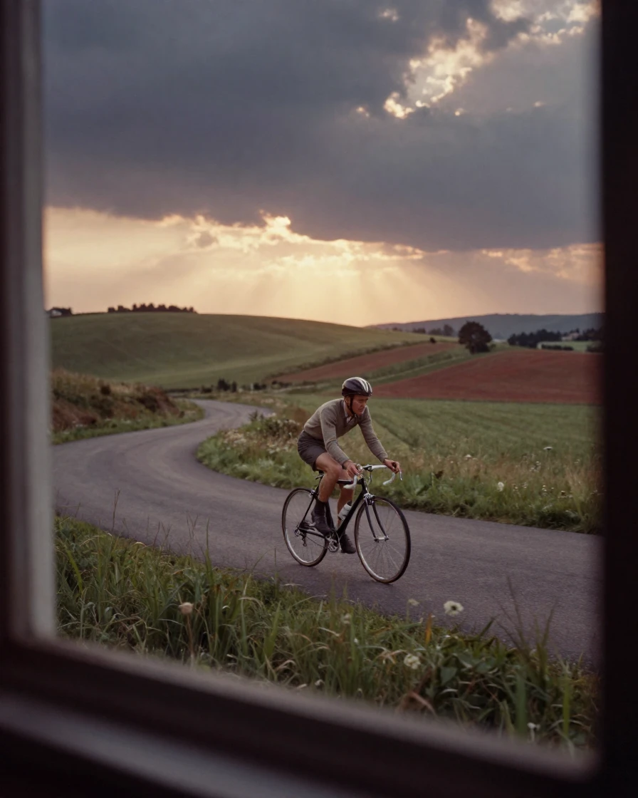 A cyclist racing down a winding countryside road, under a glowing sunset sky, under a darkening storm sky, in the height of summer, with muted olive and rust colors, viewed from across the room.