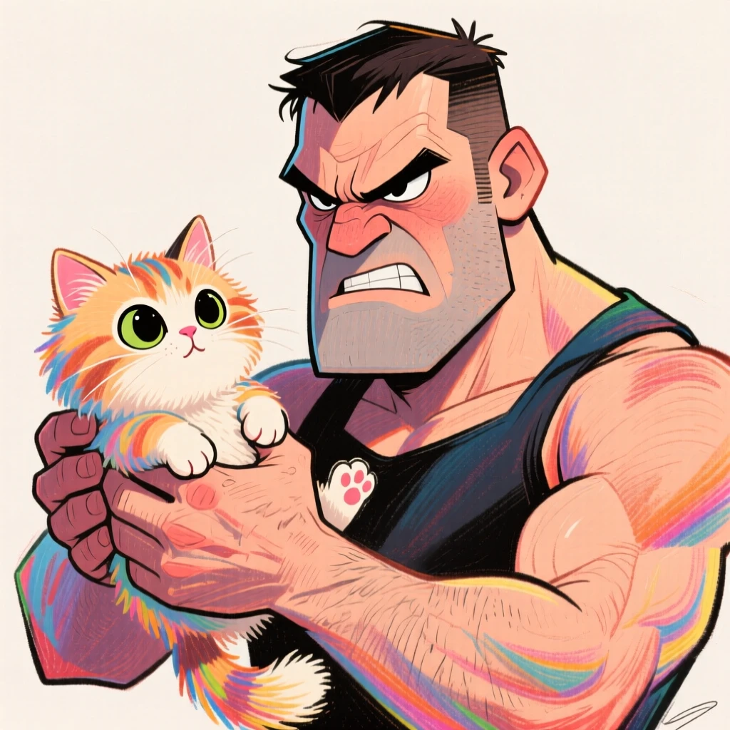 A man trying to look tough while holding a tiny fluffy kitten.