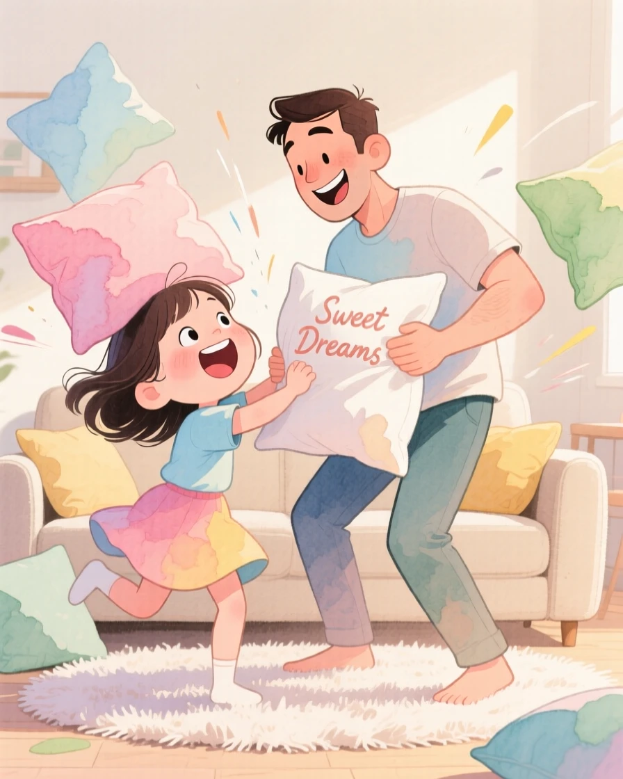 A father and daughter having a pillow fight in a cozy living room