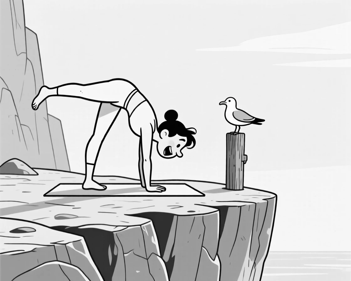 A yoga enthusiast wobbling in an impossible pose, leaning into the screen as if that alone might win the game, set on a dramatic rocky cliffside. A seagull watches the chaos from a nearby post. There's pure, giddy passion radiating from the scene.
