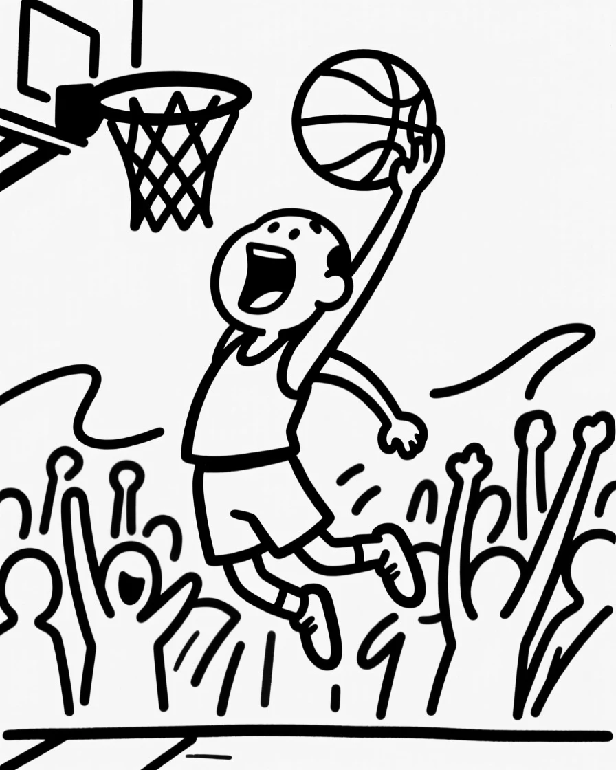 A basketball player dunking triumphantly as the crowd roars behind them.