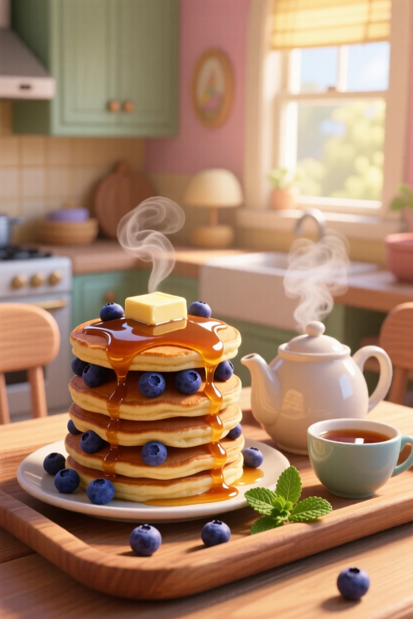 A towering stack of blueberry pancakes sits on a tray beside a steaming teapot, with sunlight catching the glossy glaze. The setting feels relaxed and satisfying.