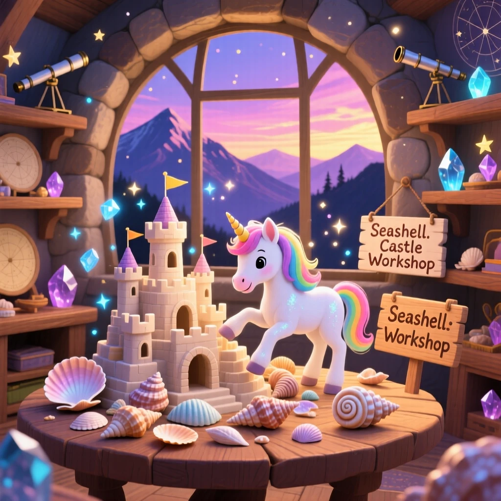 A unicorn foal is building a castle out of seashells in a mountaintop observatory, as sparkling magic dust drifts through the air.