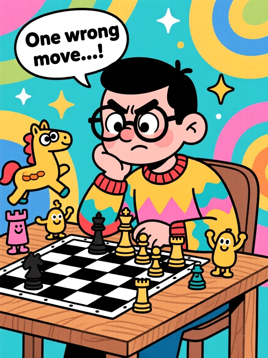 A chess player deep in thought over a checkered board.