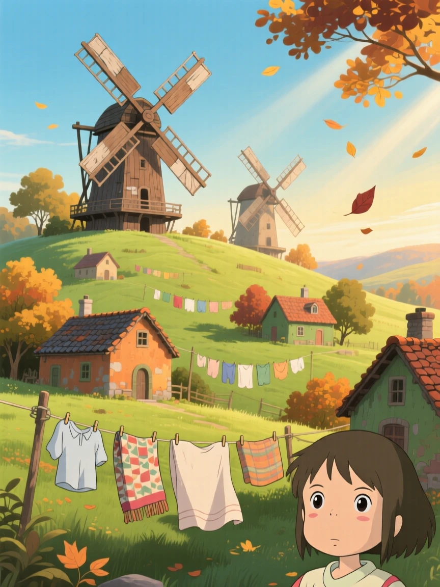 A cluster of windmills turning slowly on a green hill, with laundry lines strung between houses, fluttering in the breeze, on a crisp autumn morning.