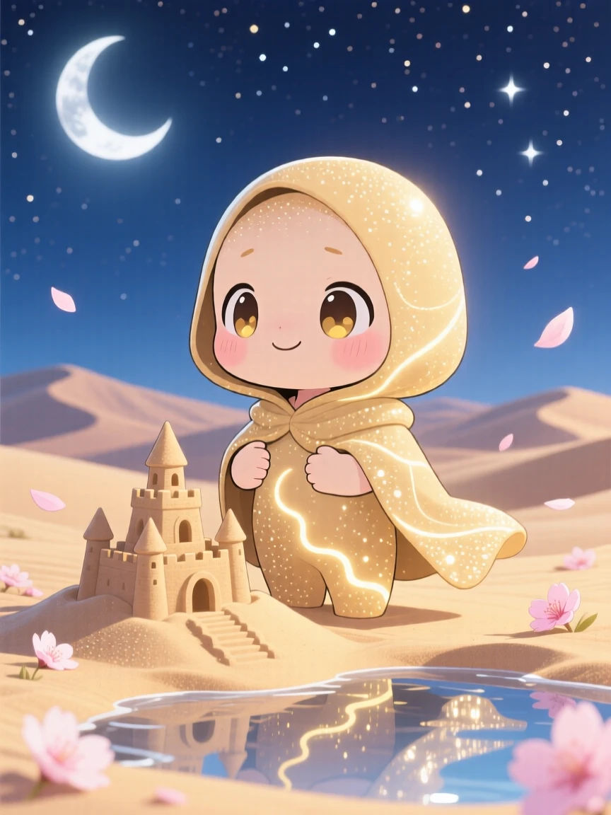 In a moonlit desert dunescape, a sandy desert spirit is shaping a small dune into a castle as cherry blossom petals drift on the breeze, bathed in shimmering reflected light off water, expression full of shy bashfulness. Shot as a waist-up portrait.