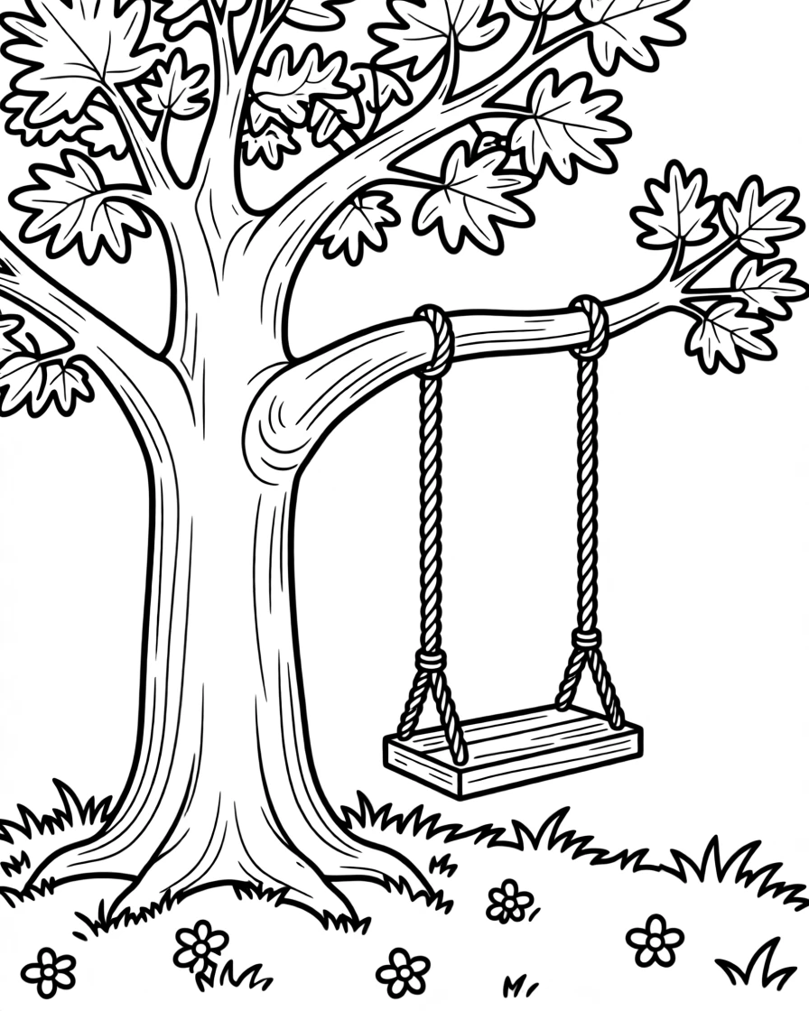 A tall oak tree with a rope swing hanging from a thick branch