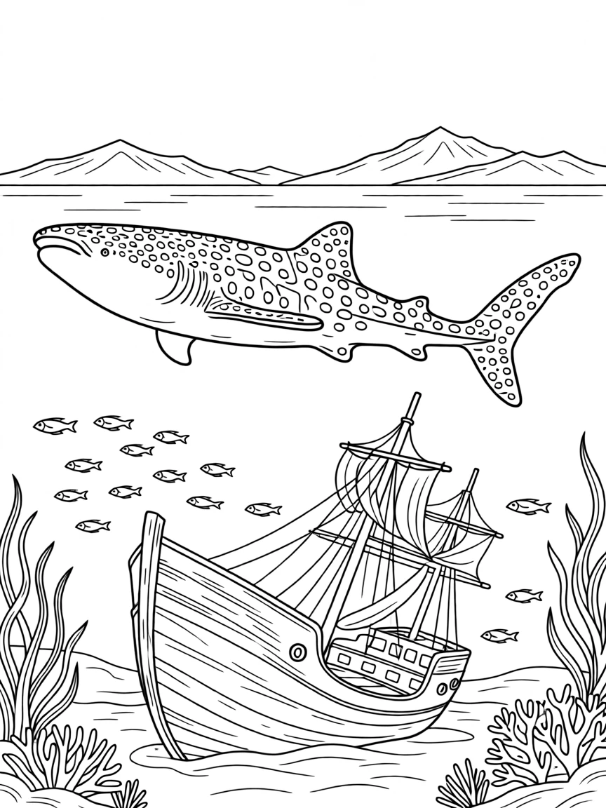 A whale shark cruising above a sunken shipwreck, with a distant mountain range in the background.