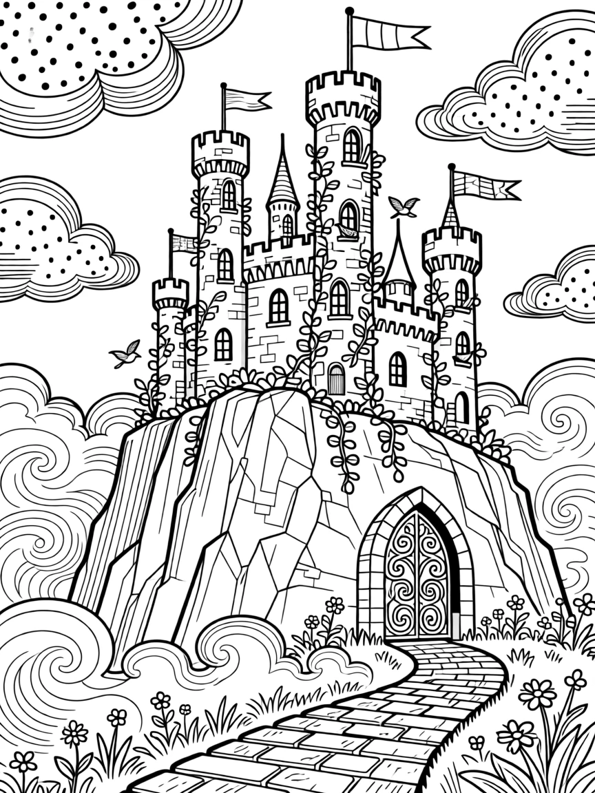 A castle rising from mist atop a cliff, its towers wrapped in ivy.