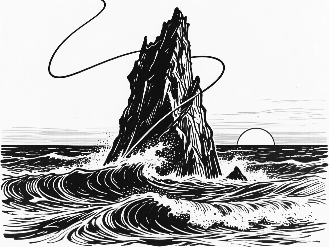A dramatic sea stack rising from crashing ocean waves at sunset.