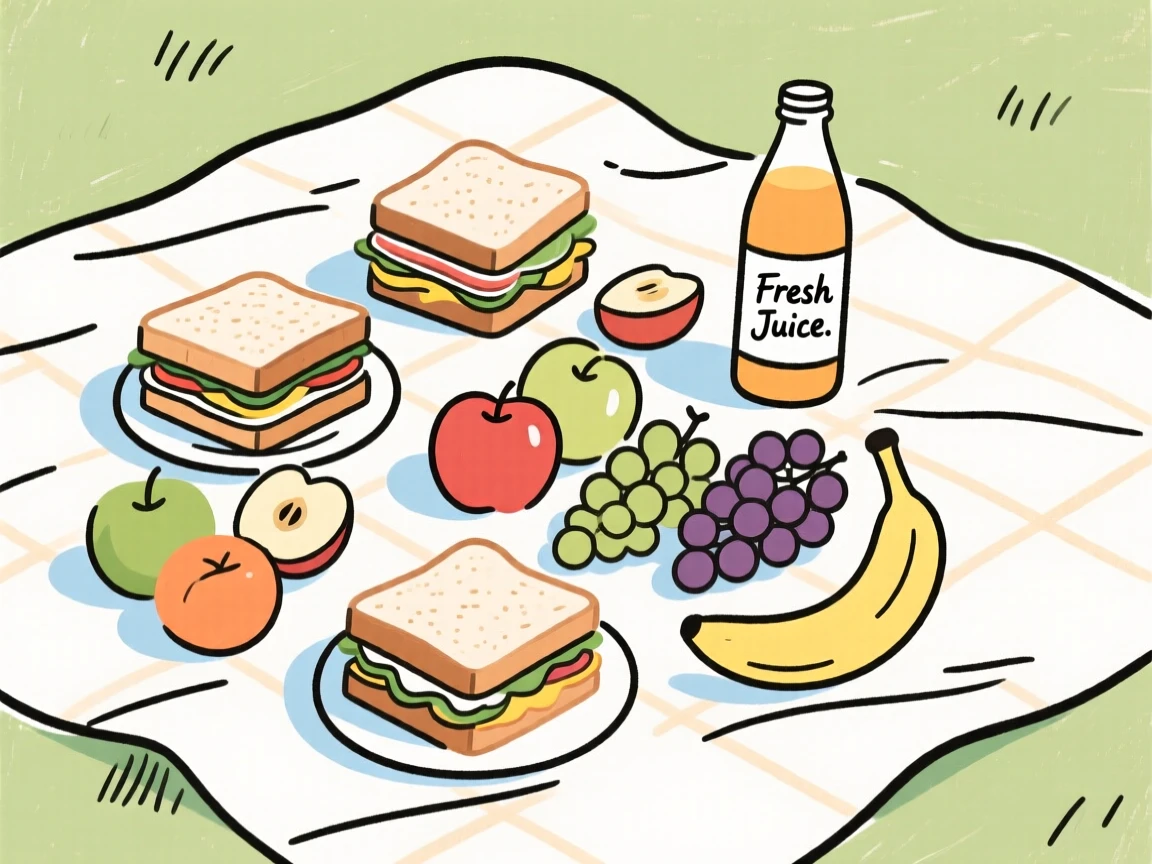 A picnic spread with sandwiches, fruit, and a bottle of juice on a blanket.