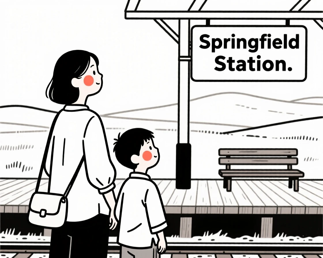 A mother and son of Chinese heritage, looking hopeful toward the horizon, at a rural train station.