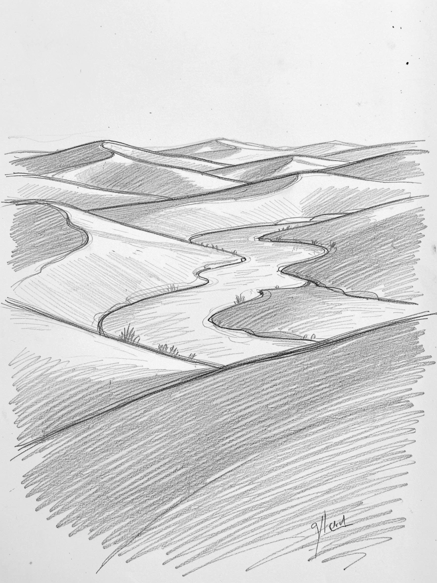 Sweeping landscape of a vast desert of rolling dunes lit by streaks of golden afternoon sun, with a winding river cutting through the scene.