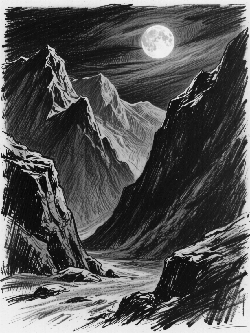 A hidden mountain valley under the soft glow of the moon.