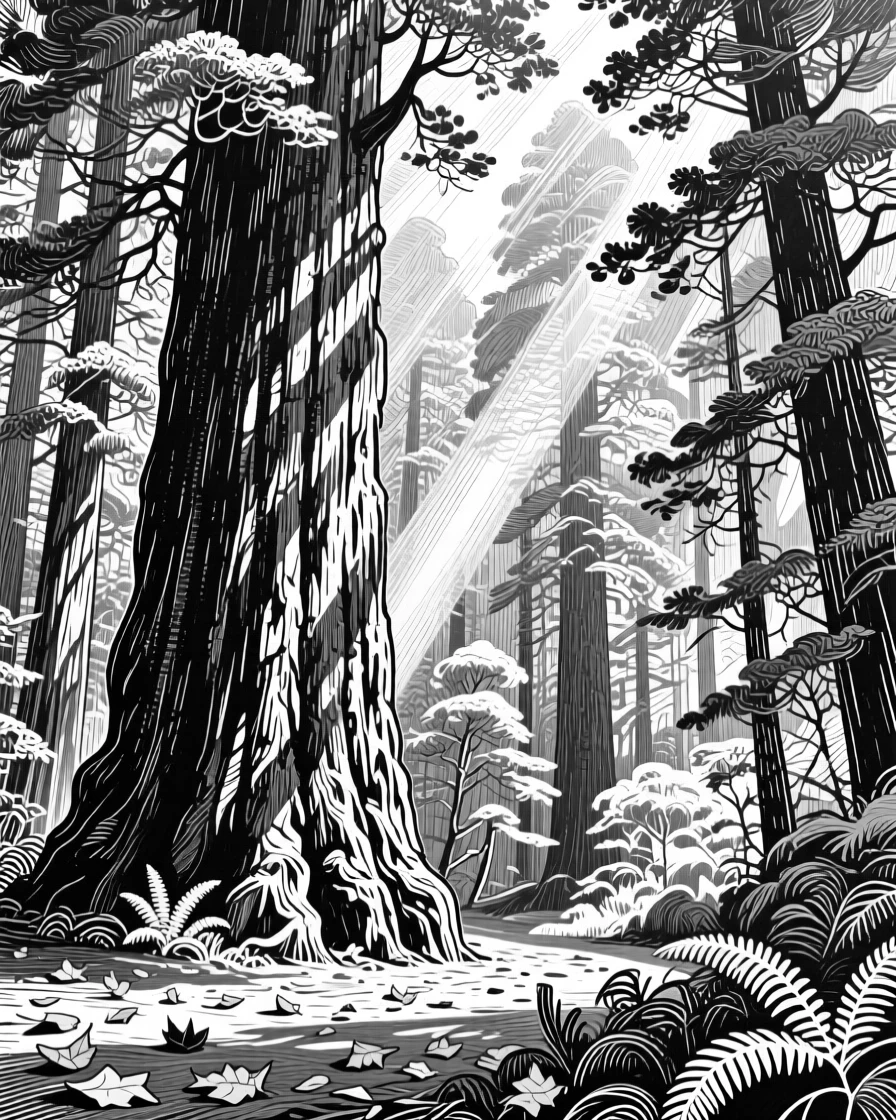 A dense forest of towering redwoods with sunlight streaming through the canopy.