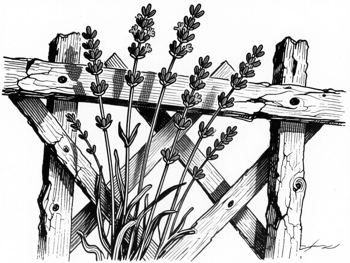 A bunch of lavender stems climbing up a weathered trellis, with the texture of each petal richly defined, composed in a peacefully simple still-life arrangement.