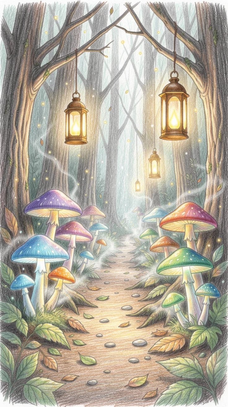 A mystical forest path lined with glowing mushrooms and floating lanterns, with soft glowing light illuminating every magical detail, capturing a sense of adventure and quiet magic.