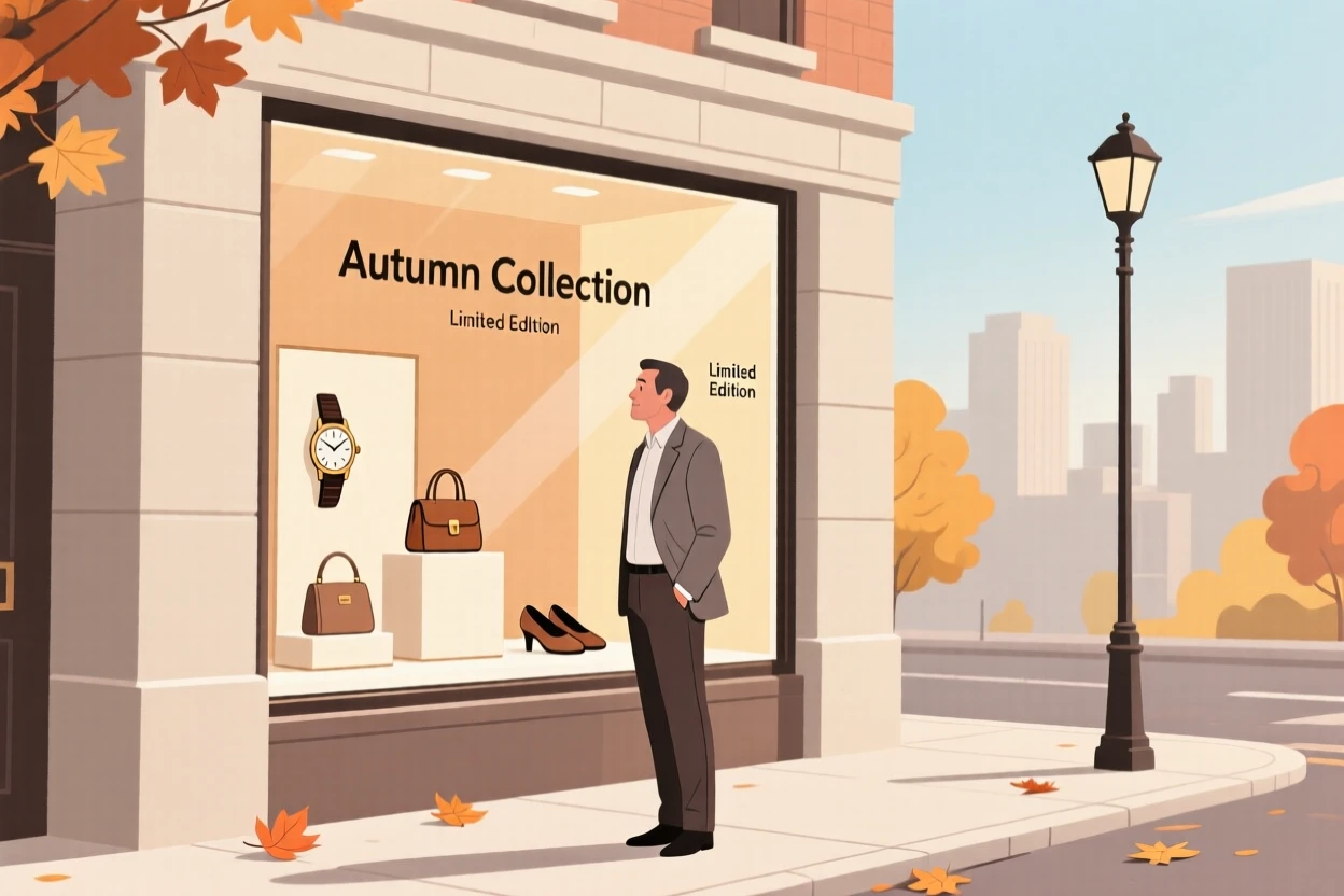 An office worker window shopping on a quiet autumn day in the city.
