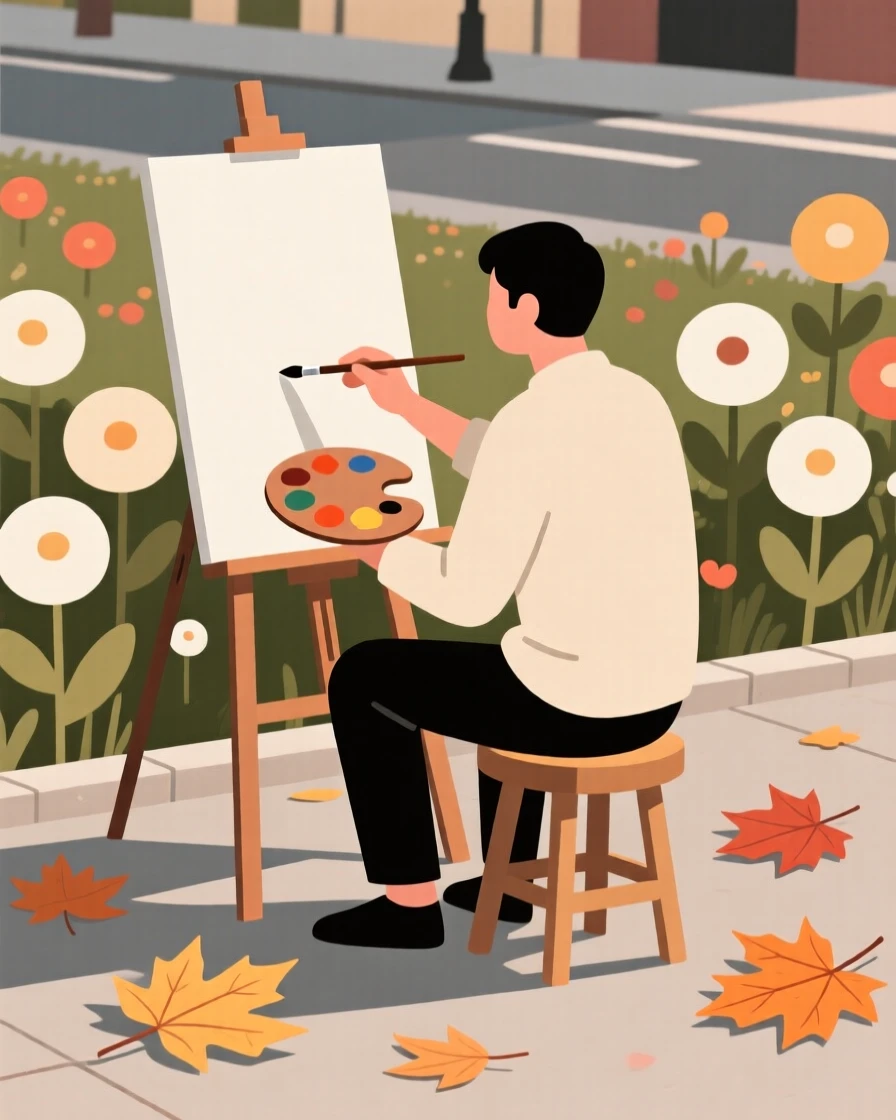 A street musician painting on a canvas in a garden in bloom, surrounded by scattered autumn leaves, conveying warm connection.
