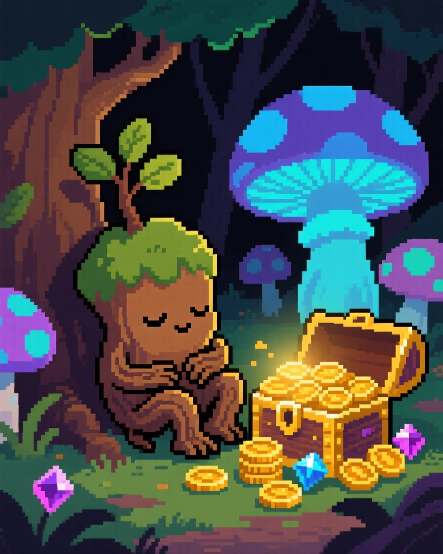 A treant sapling taking its first steps napping curled around a treasure hoard, beneath a canopy of glowing mushrooms.