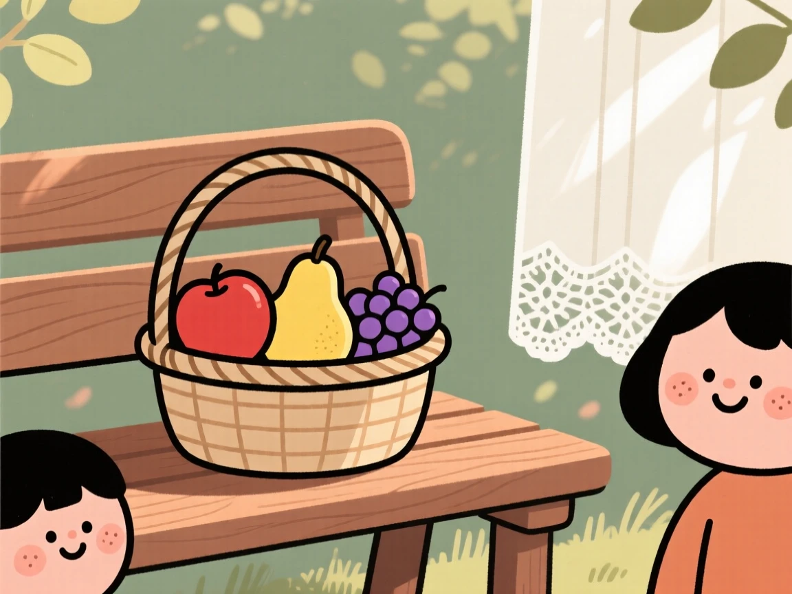 A garden bench holds a simple arrangement of ripe fruit in a woven basket, lit softly by late afternoon light beside a lace curtain.