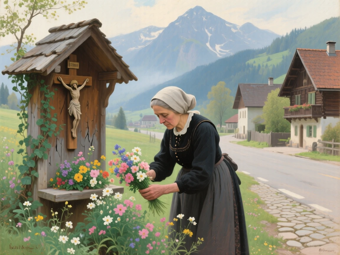 A balanced composition of a widow tending flowers at a small roadside shrine, in a Bavarian mountain town, in late spring.