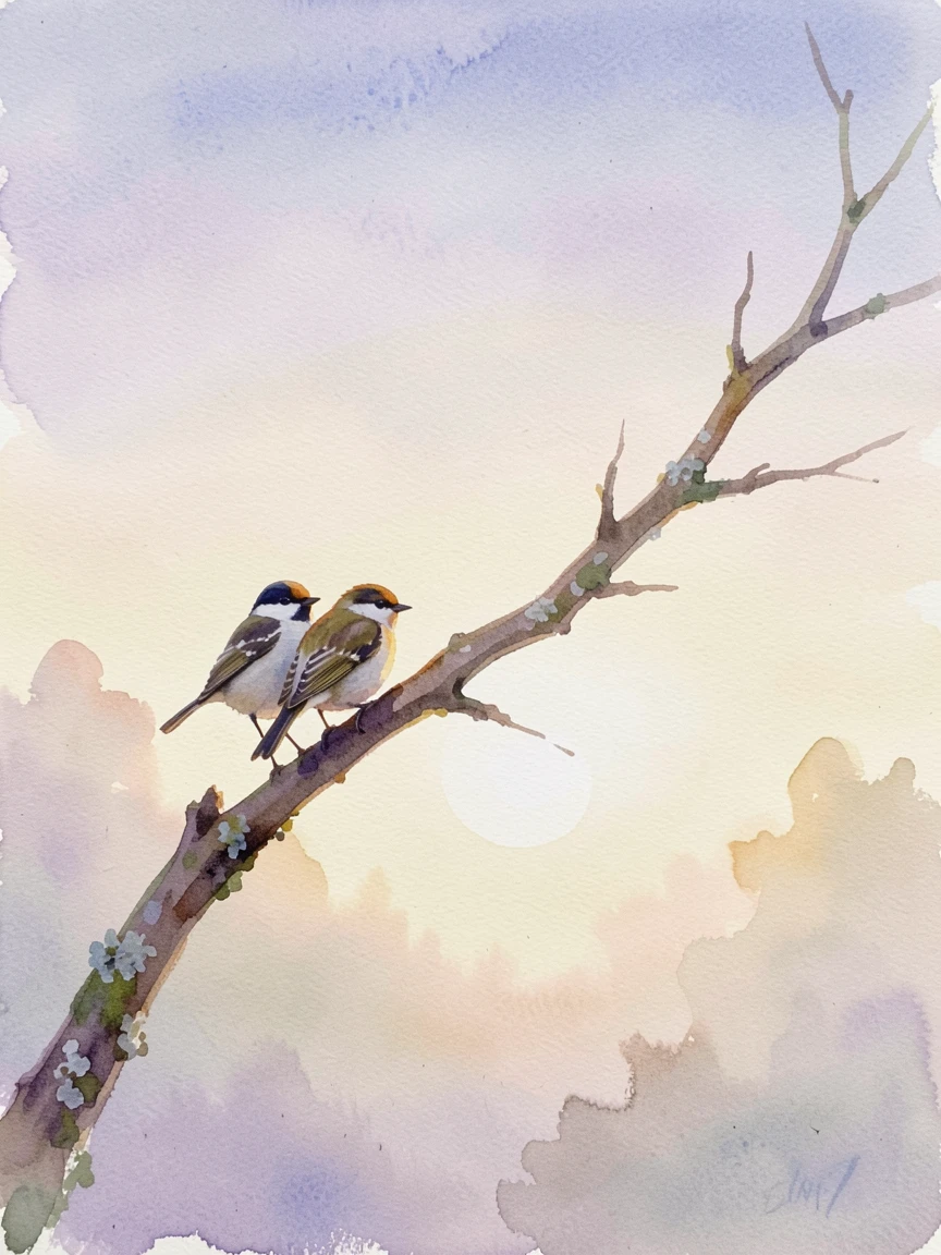 A pair of birds sharing a branch at sunrise with a gentle, restorative stillness.