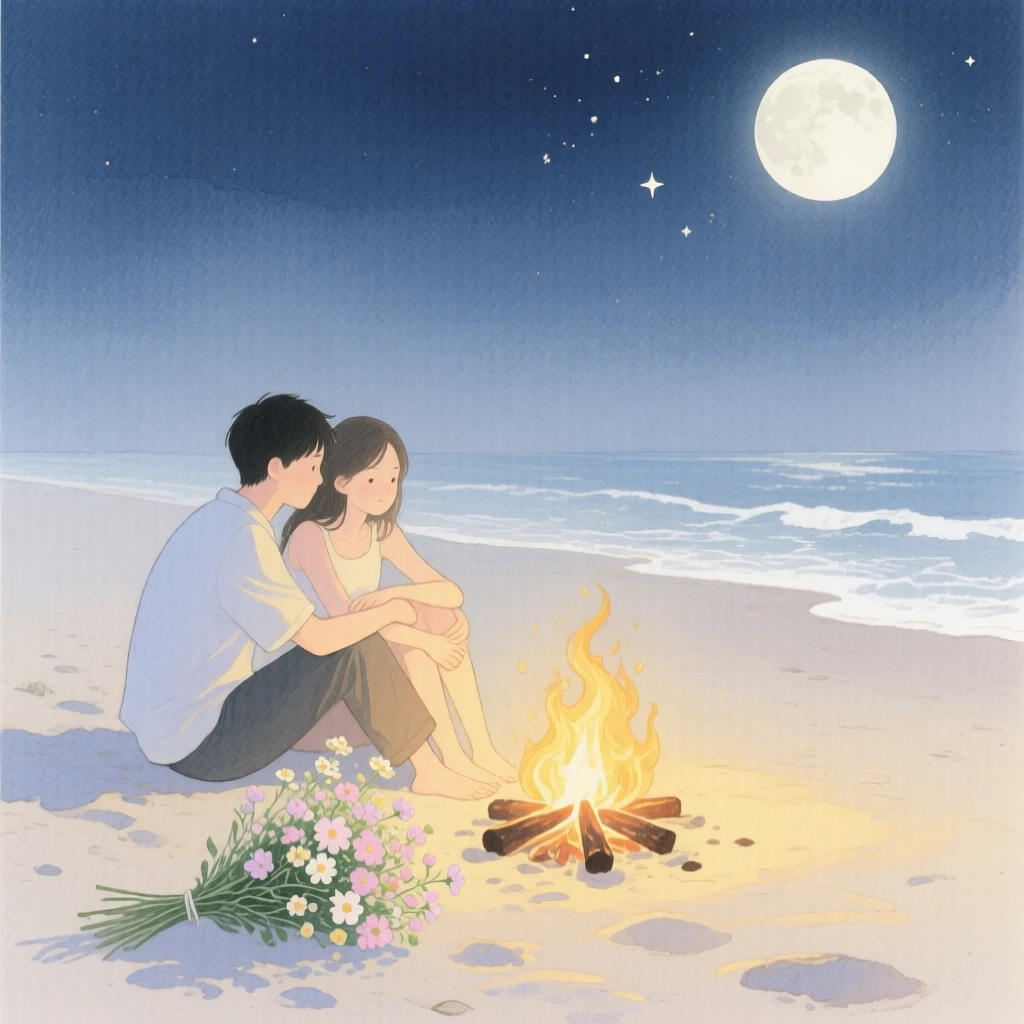 A tender moment of a moonlit beach bonfire, with a bouquet of flowers resting nearby, capturing quiet affection between two people