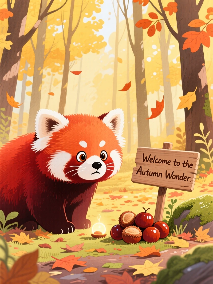 A shy red panda discovering something new in a golden autumn woodland on a crisp autumn afternoon.