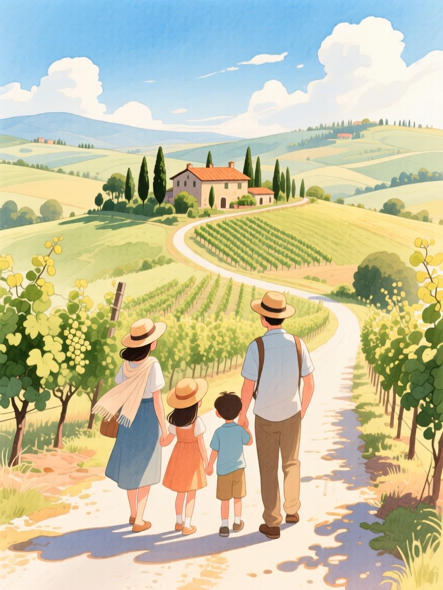 A family takes in the breathtaking view together amid a rustic vineyard road through the hills of Tuscany, filled with the romance of travel.