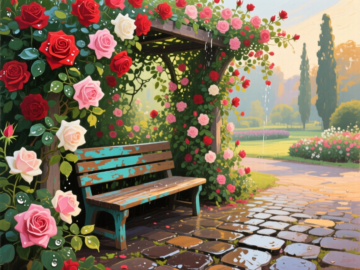 a rose-covered arbor leading to a hidden bench, just after watering, with a clear foreground, subject, and distant setting.