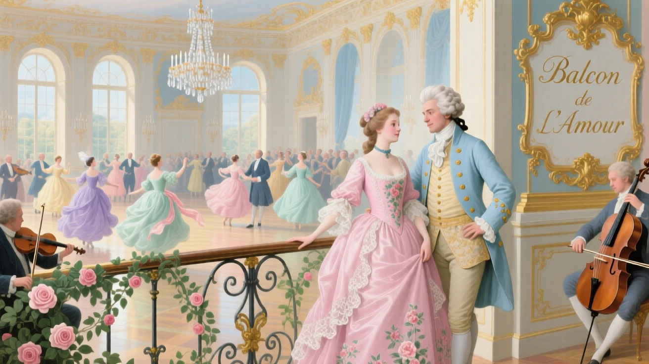 A ballroom balcony overlooking a ballroom full of dancers below  