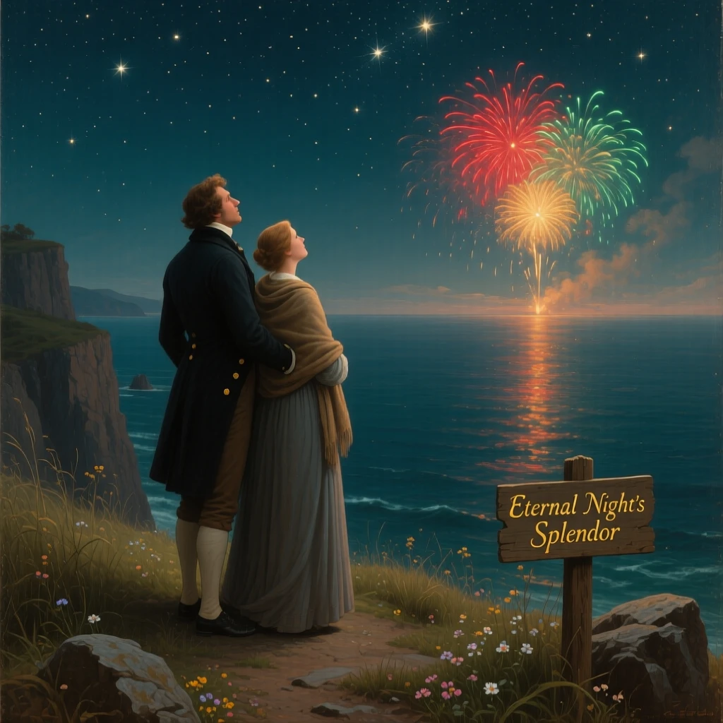Two figures gaze at the stars from a quiet clifftop overlooking the sea as fireworks light up the horizon.