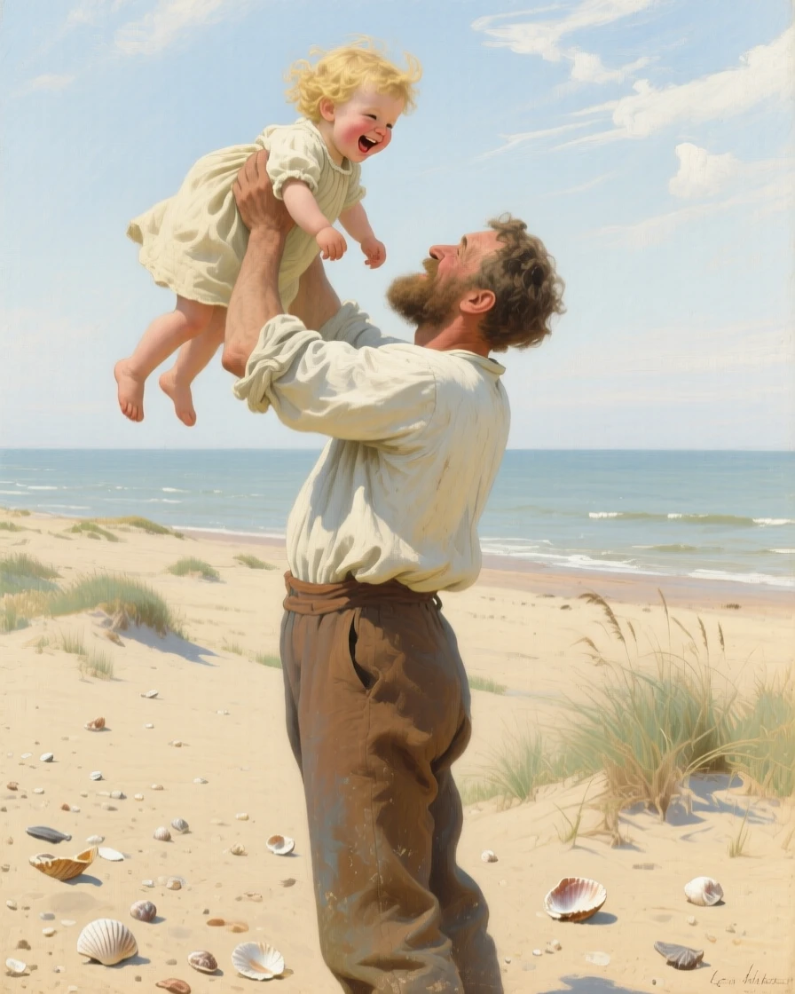 A father lifting his laughing toddler high into the air on a beach, as a gentle breeze catches loose strands of hair, radiating authenticity and heartfelt sincerity