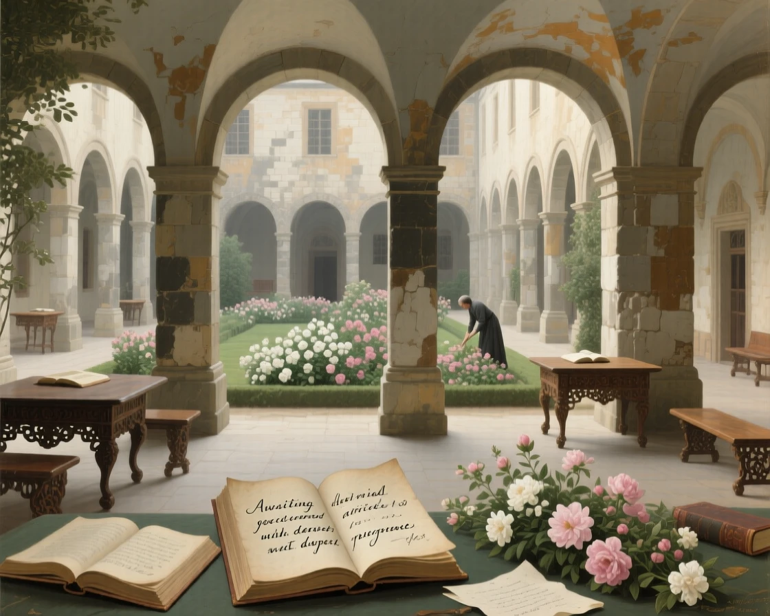 A monastery cloister with weathered stone arches and a central garden awaiting the arrival of guests soon to fill its halls, set within a palace built for generations of nobility, with fresh flowers, open books, and half-finished correspondence scattered about; a central vanishing point draws the viewer deep into the grand space, evoking timeless grandeur and quiet reverence.