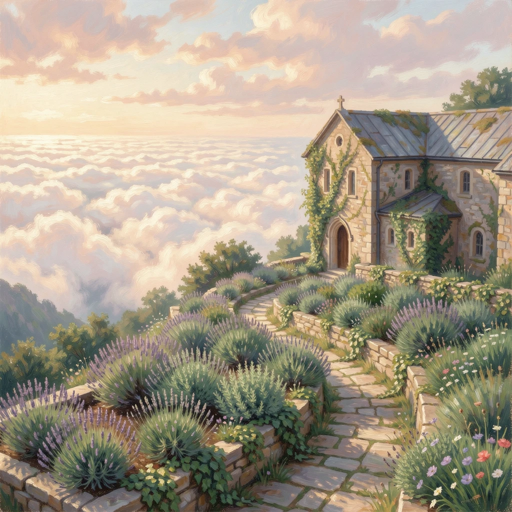 A remote monastery garden on a mountaintop, terraced beds of herbs overlooking clouds below.