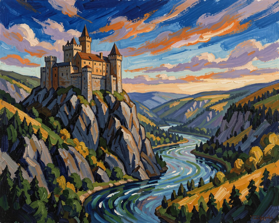 A castle perched dramatically on a rocky crag above a winding river valley.