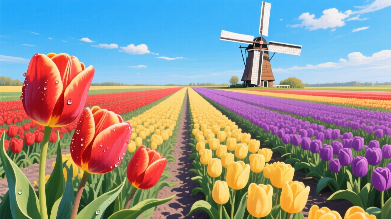 A vibrant tulip field in the Netherlands shows perfectly straight rows of red, yellow, and purple blooms leading toward a traditional windmill turning slowly against a bright blue sky, the composition balancing a wide sweeping view with intimate, carefully observed foreground detail.