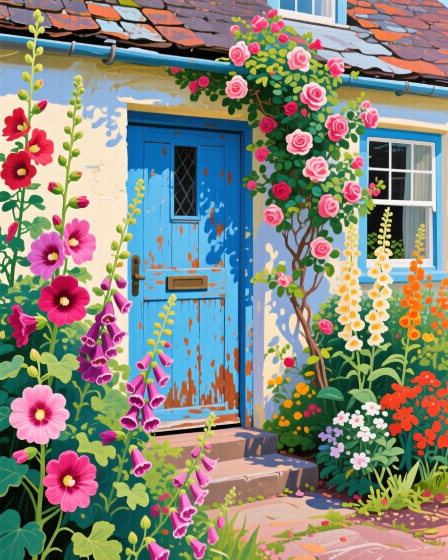 A cottage garden bursting with hollyhocks, foxgloves, and climbing roses around a weathered blue door