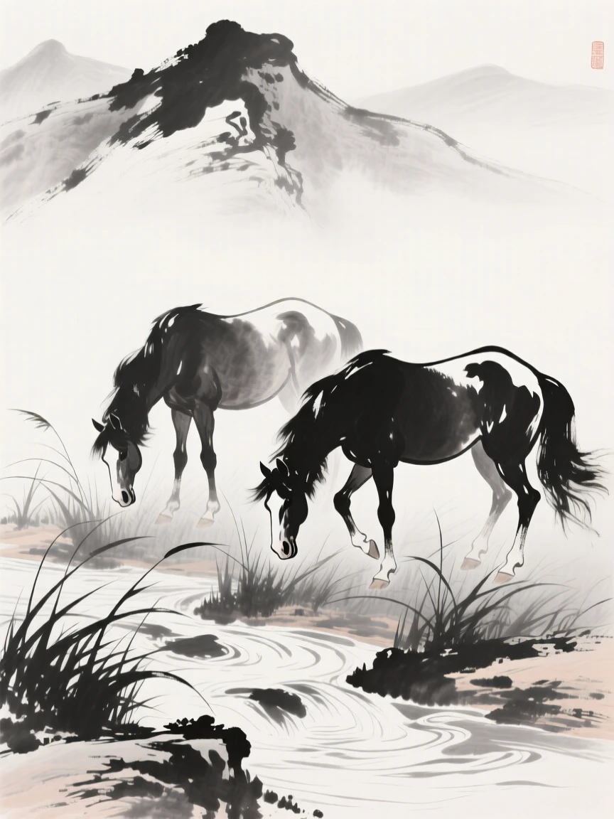 Two horses graze peacefully beside a mountain stream, with wind bending the tall grass around them.