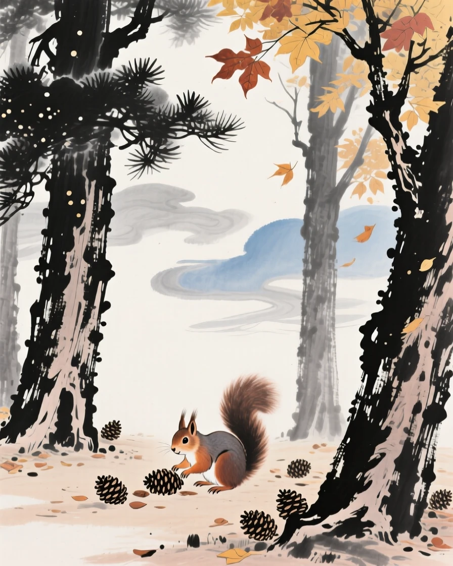 A squirrel gathering pine cones beneath towering evergreens, as autumn leaves turn golden, under drifting clouds.