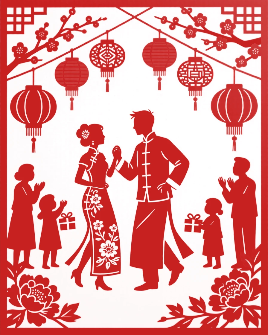 A bride and groom dancing together beneath strings of red lanterns, family and friends watching with joyful smiles.