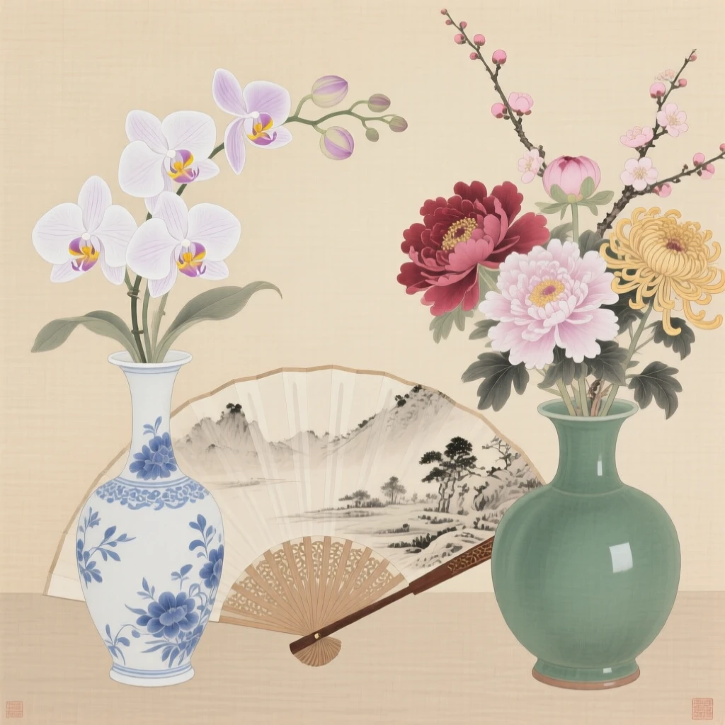 A folding fan resting beside a vase of orchids beside a vase of freshly cut flowers