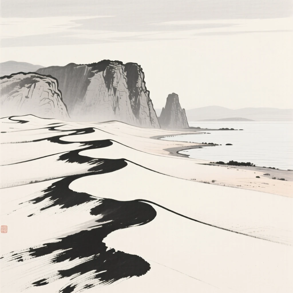 A wide desert dune ridge stretching under an open sky beneath towering rock walls softened by haze, seen from across the water, the far shore reduced to soft silhouette, evoking a deep sense of solitude and quiet grandeur.
