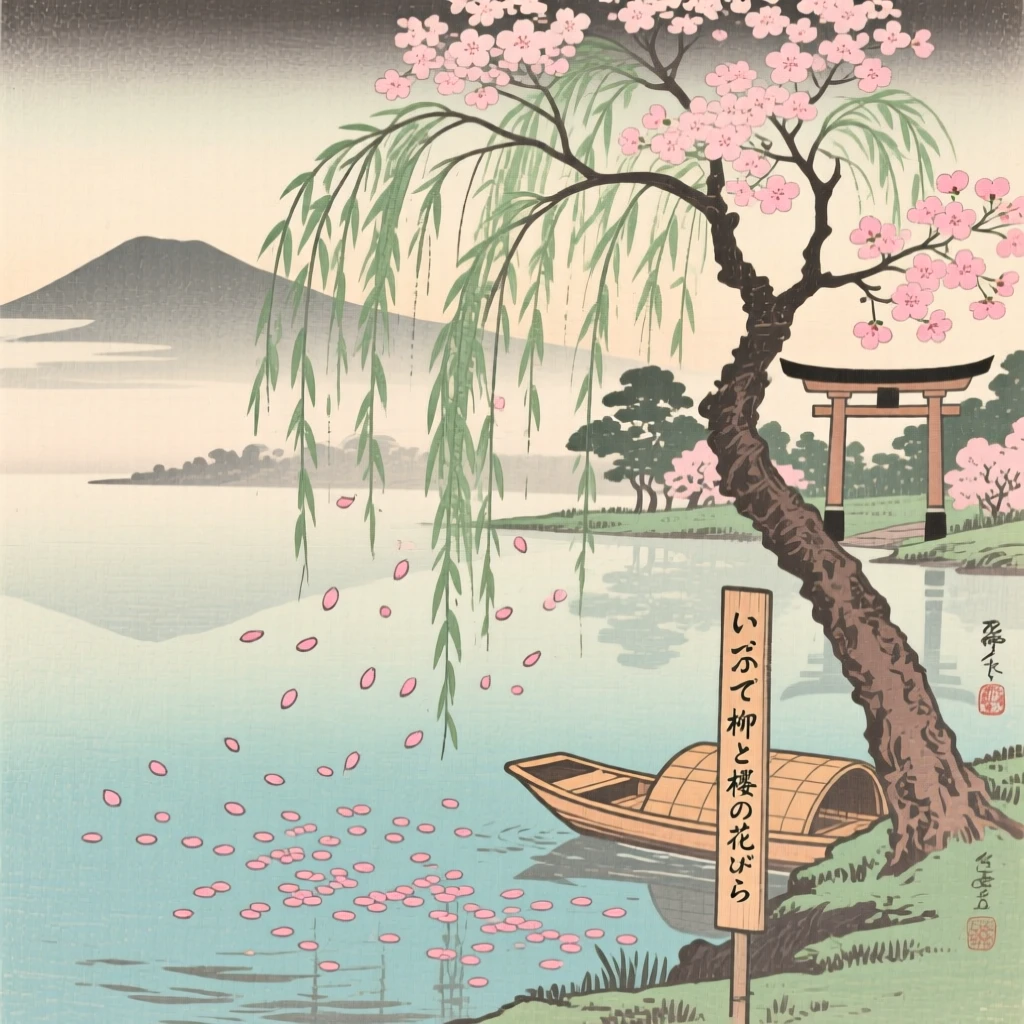 A willow tree trailing over still water, dotted with drifting cherry blossom petals.