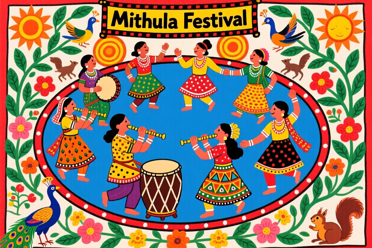 Musicians playing drums and flutes as villagers dance in a circle.
